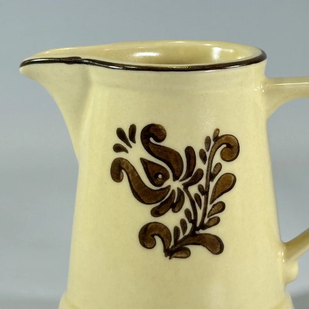VTG Pfaltzgraff Village Creamer Pitcher Tan Brown Floral Stoneware USA 6-24